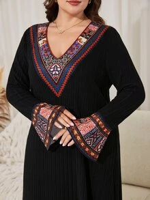 Lacomfia Plus Size Vacation Fashion Geometric Print Dress - Black - View 5