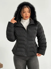 Firerie Plus Size Winter Faux Fur Hooded Jacket With Zipper And Cinching Waist - Black - View 4