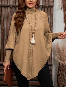 Linhara CURVE 女款純色針織鈕扣高領蝙蝠袖長袖披肩式修身優雅毛衣，秋冬款 - 駝色 - 查看 7