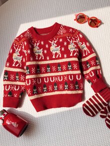 Young Boy Cartoon Deer Pattern Knit Soft Crew Neck Long Sleeve Pullover Sweater - Multicolor - View 7