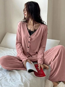 DAZY 3pcs Contrast Color Lace Patchwork Cardigan, Camisole And Pajama Pants Sleepwear Set, Home Pajamas - Pink - View 4