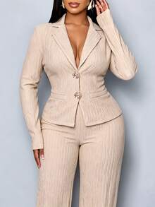 SOLERSUN Plus Size Ladies Apricot V-Lapel Waist Suit With Loose Trousers Suit Two Pieces, Familiar With Business Style, Commuting, Business, Dating. - Apricot - View 2