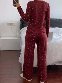 DAZY 2件組波點印花修身長袖直筒褲女款睡衣套裝，春季 - 酒紅色 - 查看 2