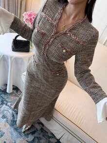 DAZY Women's Daily Commute Mid-Length Dress With Cuff Patchwork And Pearl Button Decoration - Brown - View 9
