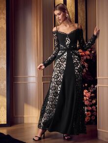 MOTF Soiréza WOMEN'S LACE PATCHWORK SQUARE NECK ELEGANT DRESS - Black - View 6