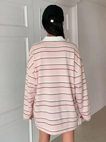DAZY 女款休閒寬鬆拼色條紋長袖T恤上衣，春秋款女裝 - 粉色 - 查看 5
