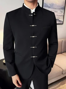 Manfinity Mode 男士商務休閒黑色正式立領單排扣西裝外套與長褲套裝，完美假期禮物 - 黑色 - 查看 5