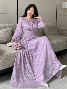 Feyla Women's Elegant 3D Floral Decor Pleated Cut-Out Dress - Purple - View 1