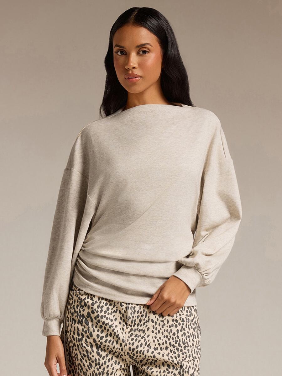 COSMINA Women's Drawstring Long Sleeve T-Shirt, Casual Autumn/Winter Top With Ruched Design - Khaki - View 1
