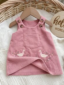 SHEIN 新生女嬰可愛紅色休閒卡通刺繡圖案秋冬洋裝 - 藕粉色 - 查看 2