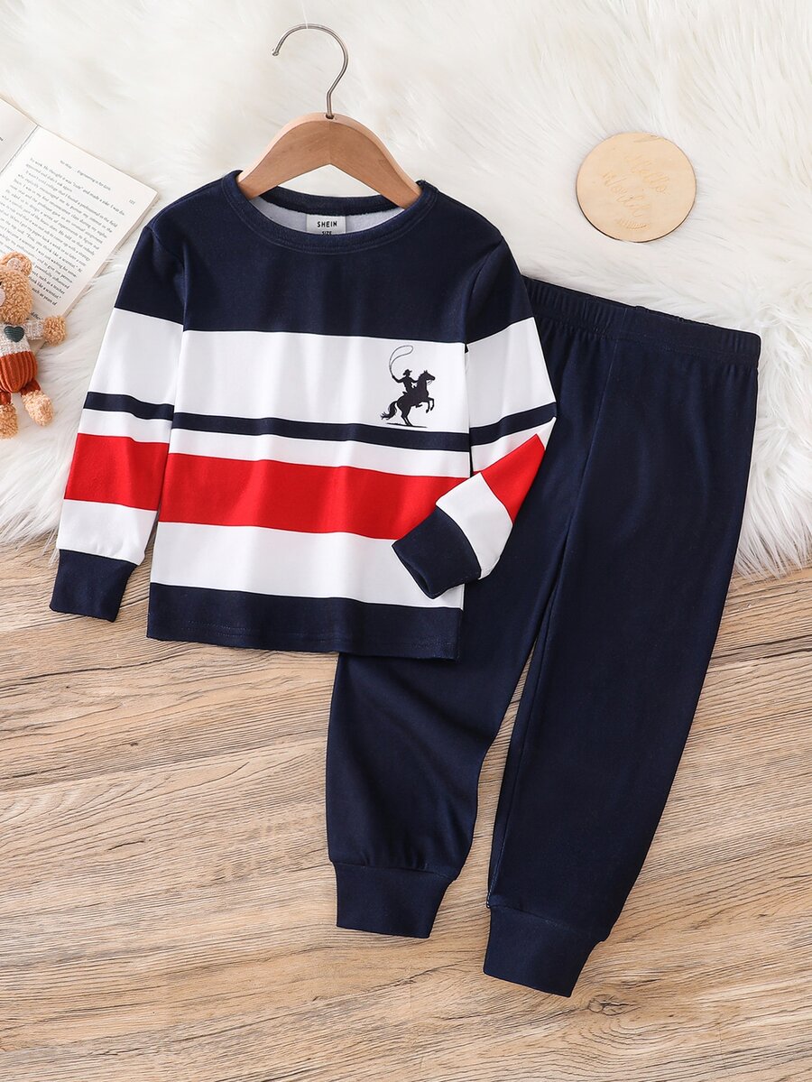 SHEIN Set Piyama Bayi Laki-laki Motif Garis-garis Blok Warna dengan Logo Kuda Poni, Lengan Panjang, Leher Bulat, dan Celana Panjang Pas Badan - MultiWarna - View 1