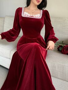 Feyla Women's Elegant Sweet Lace Patchwork Bowknot Strap Dress - Burgundy - View 5