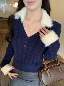 DAZY Women's Colorblock Patchwork Short Casual Pullover Sweater - Navy Blue - View 5