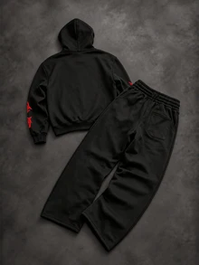 Claim Dot Men's 2pcs Streetwear Set, Oversized Hoodie & Straight Leg Sweatpants, Gothic Red Towel Embroidery T - Black - View 2