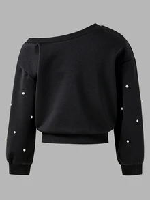 SHEIN 1件女款甜酷風不對稱肩領衛衣，適合日常上學、休閒街頭穿搭，春秋款，重工珍珠裝飾不對稱肩長袖套頭上衣 - 黑色 - 查看 2