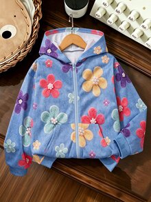 SHEIN 秋冬女款連帽拉鍊夾克外套，街頭風圖案休閒混搭衛衣，長袖抓絨針織面料，校園灰秋季服飾 - 藍色 - 查看 1