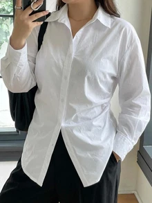 Dazy Plus 純色休閒俐落收腰百褶設計趣味通勤辦公正式穿著白色長袖襯衫秋季 - 白色 - 查看 6