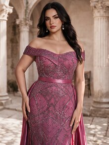 Coutiva Off-Shoulder Heart Neckline Full-Coverage Heavy Beaded Embroidery Fitted Mermaid Floor-Length Gown - Dark Purple - View 3