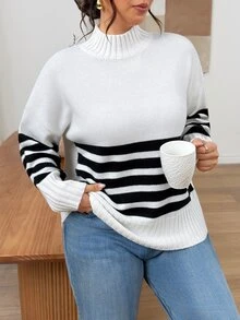 Lounesse Plus Size Women's Stand Collar Colorblock Horizontal Striped Casual Loose Versatile Pullover Sweater Winter - Multicolor - View 7