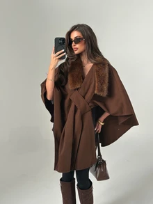 Aloruh Women's Elegant Fashionable Cape Style Dark Coffee Overcoat - Brown - View 4