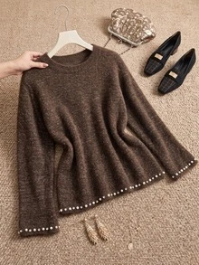 Grovea Plus Size Women's Fall Atmosphere Glitter Knit Sweater, Crew Neck Long Sleeve Pearl Beaded Hem Pullover Top Morning Date Night Grey Romantic 1950s - Coffee Brown - View 3