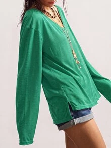 Bohemela Autumn/Winter Boho Casual Solid Color Knit V-Neck Long Sleeve Loose Fit Women's T-Shirt - Green - View 2