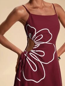 Travachic 度假風花瓣刺繡鏤空抓皺細肩帶洋裝，紅色花卉夏季優雅休閒洋裝，適合節慶穿搭與鄉村風 - 酒紅色 - 查看 8