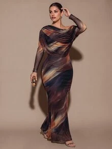 SHEIN BAE CURVE 大尺碼女款優雅長洋裝，適合外出、約會、聖誕節、秋冬季、雞尾酒會、生日派對、舞會 - 棕色 - 查看 4