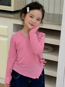 Dazy Kids Young Girl Solid Color Casual Versatile Daily Long Sleeve T-Shirt - Hot Pink - View 5
