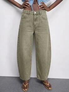 Maija 女款寬鬆休閒街頭風錐腳牛仔褲，附口袋，女式牛仔風套裝，秋季辦公與旅行穿搭，卡其色 - 綠色 - 查看 6