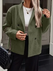 Easura 歐美秋冬新款素色復古雙排扣女款V領通勤大衣 - 軍綠色 - 查看 5
