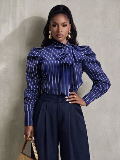 BamGlimmer Women's New Autumn Striped Shirt With Butterfly Collar And Puff Long Sleeves, Suitable For Daily Wear, Vacation Travel And Commuting
