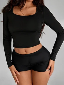 Slayform Slayform Women's Minimalist Lace Patchwork Long Sleeve Sports T-Shirt - Black - View 6