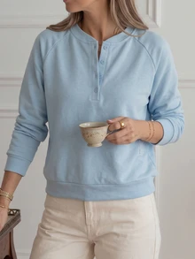 Cévolie Women's Loose Solid Color Raglan Sleeve Half-Open Neckline Crew Neck Sweatshirt, French Casual Loose Minimalist Sweatshirt, Suitable For Daily Wear, Home, Walking And Other Occasions - Blue - View 4