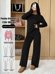 SHEIN PETITE 女款純色圓領長袖毛衣與長褲休閒正裝套裝，秋冬款 - 黑色 - 查看 11