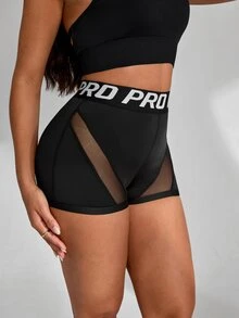 Slayform Women's Waist Letter Pattern Contrast Mesh Casual Versatile Sports Shorts - Black - View 3