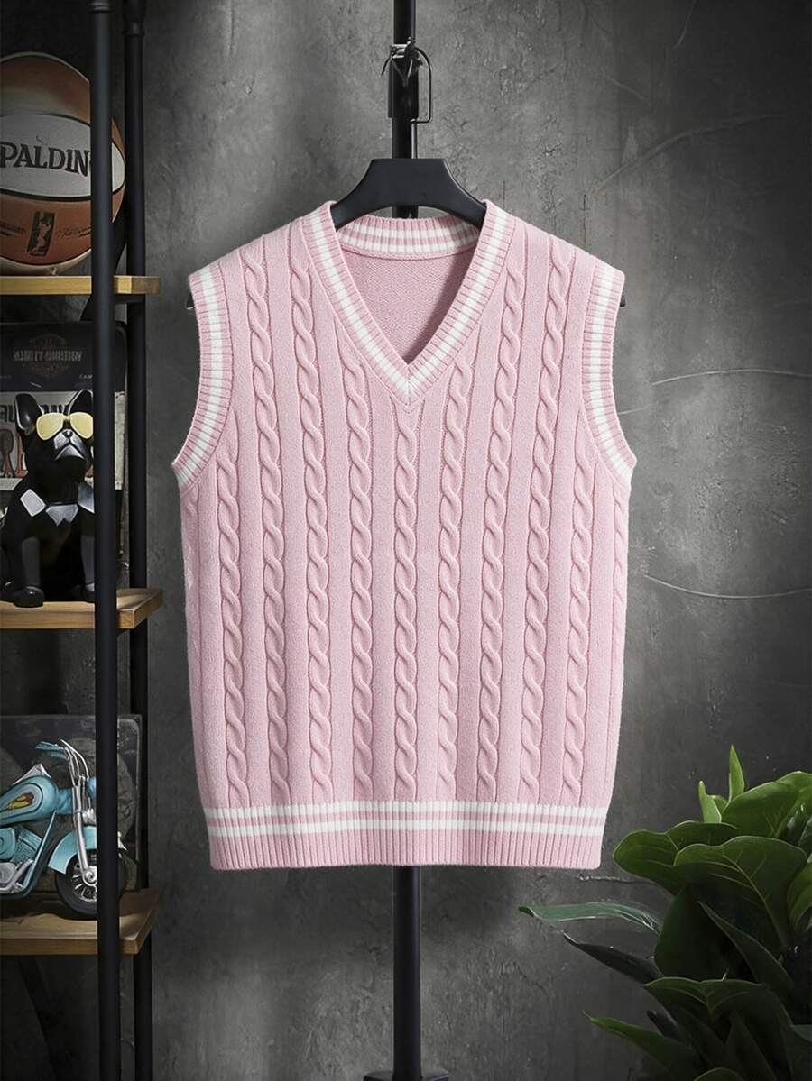 Manfinity Homme Men's V-Neck Sleeveless Knitted Striped Vest - Pink - View 1