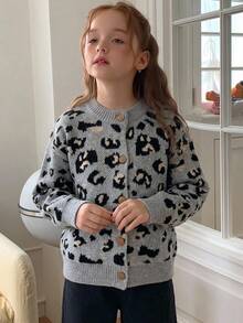 Hapijoa Tween Girl) Leopard Print Contrast Color Open Front Thick Knit Cardigan Sweater, Autumn/Winter - Grey - View 6
