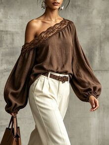Glimmora Atasan Fashion Wanita dengan Bahu Asimetris dan Hiasan Renda. - Coklat - View 4