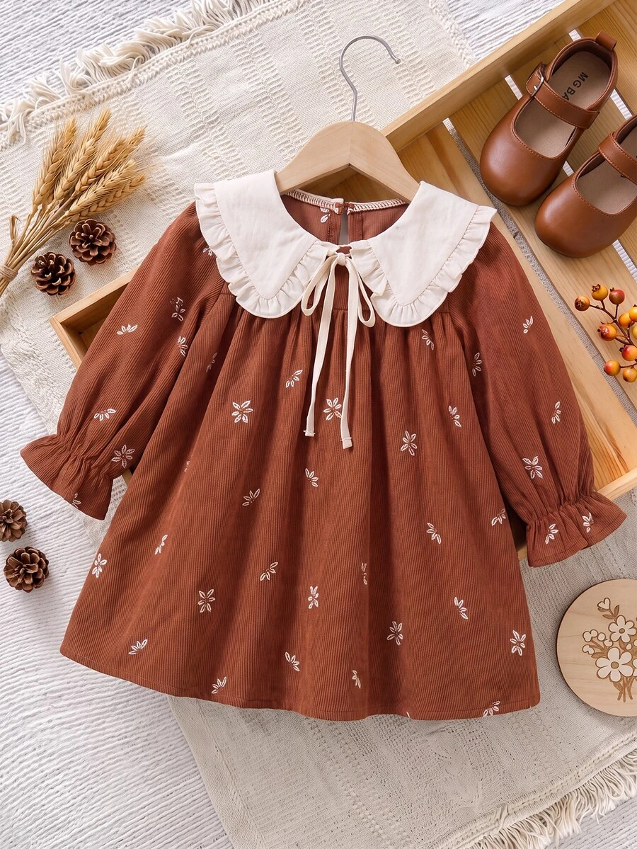 Baby Girls Printed Peter Pan Collar Dress, Casual Fashion, Creative Personalized, Fresh And Cute - Brown - View 1