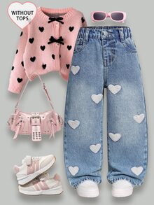 SHEIN 女童時尚可愛街頭風愛心刺繡寬鬆直筒牛仔長褲 - 中等水洗藍 - 查看 3