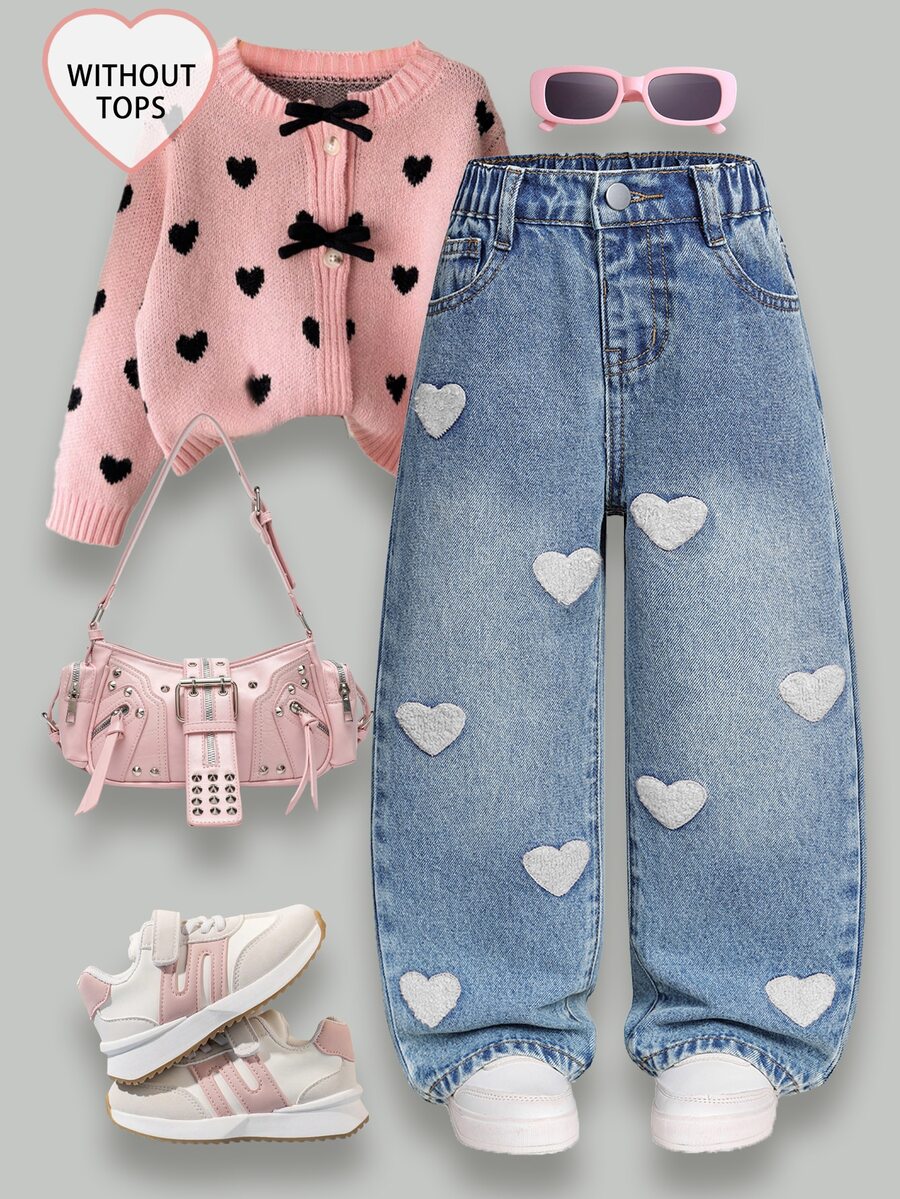 SHEIN Girls' Fashionable Cute Street Style Heart Embroidered Loose Fit Straight Leg Denim Jeans - Medium Wash - View 1