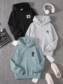 SHEIN 3件組兒童青少年男孩休閒百搭款黑色灰色藍色多色連帽套頭運動衫，適合通勤上學日常休閒戶外運動秋冬穿著 - 彩色 - 查看 2