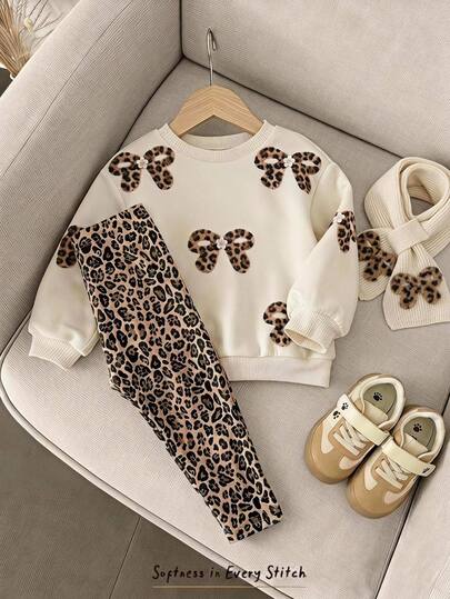 Cozy Pixies 2pcs Kids Baby Girl Casual Daily Comfortable Leopard Print Bow, Baby Girl Casual Soft Thick Long Sleeve Crew Neck Pullover Sweatshirt And Leggings Set Suitable For Autumn/Winter, Street Retro Style, Easy And Comfortable, Children's Autumn Layering, Y2K, Sports Set, Outerwear