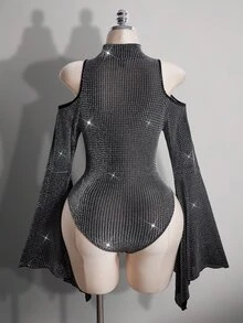 SHEIN ICON Plus Size Stand Collar Exaggerated Flare Sleeve Sheer Shiny Bodysuit, Music Festival Outfit, Party Winter - Silver - View 2