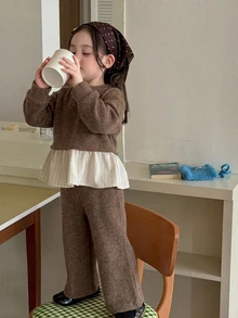 DAZY Infant (Girl) Round Neck Long Sleeve Colorblock Patchwork Korean Style 2 Pieces Sweatshirt Set Fall - Coffee Brown - View 1