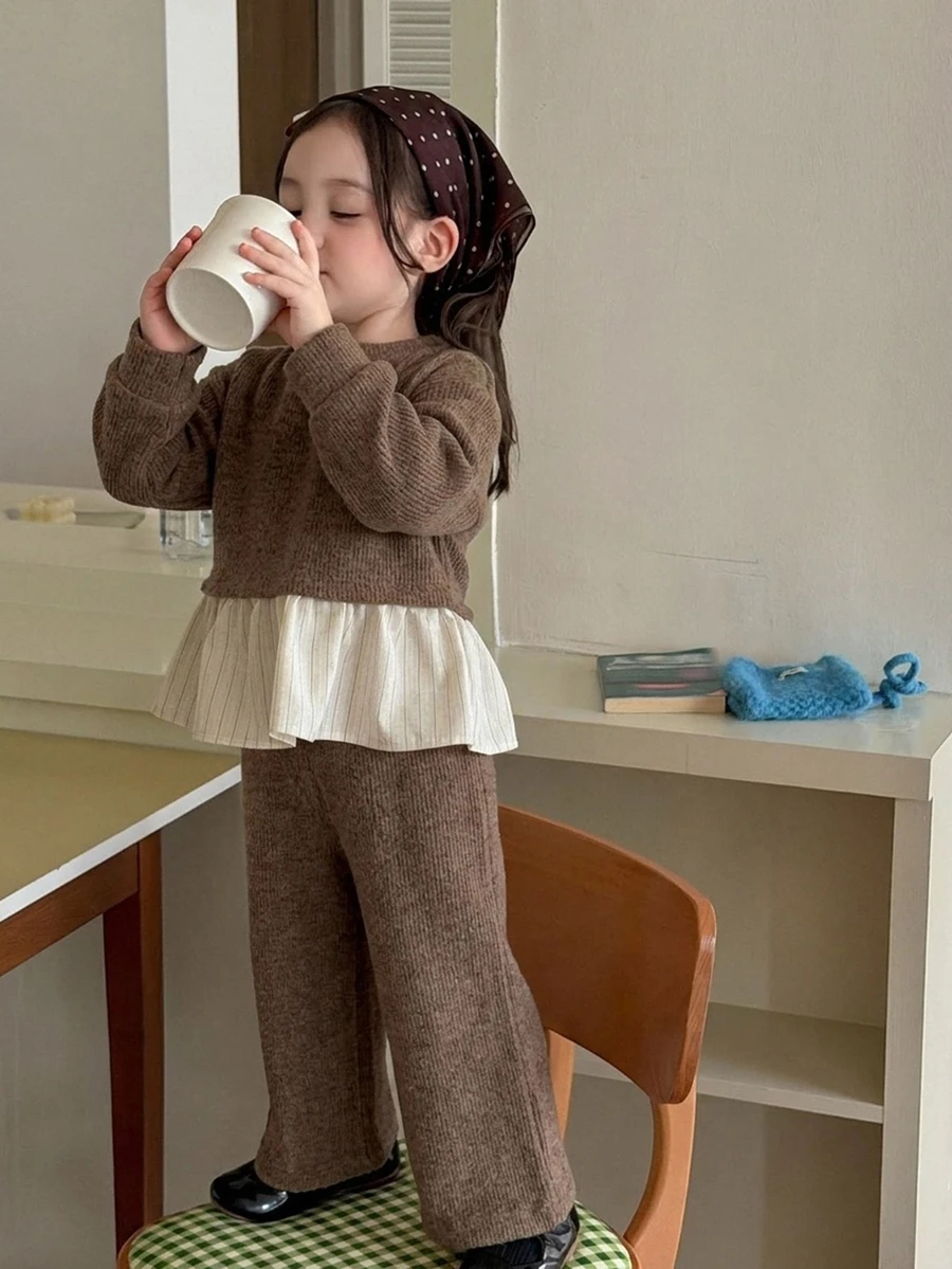 DAZY Infant (Girl) Round Neck Long Sleeve Colorblock Patchwork Korean Style 2 Pieces Sweatshirt Set Fall - Coffee Brown - View 1