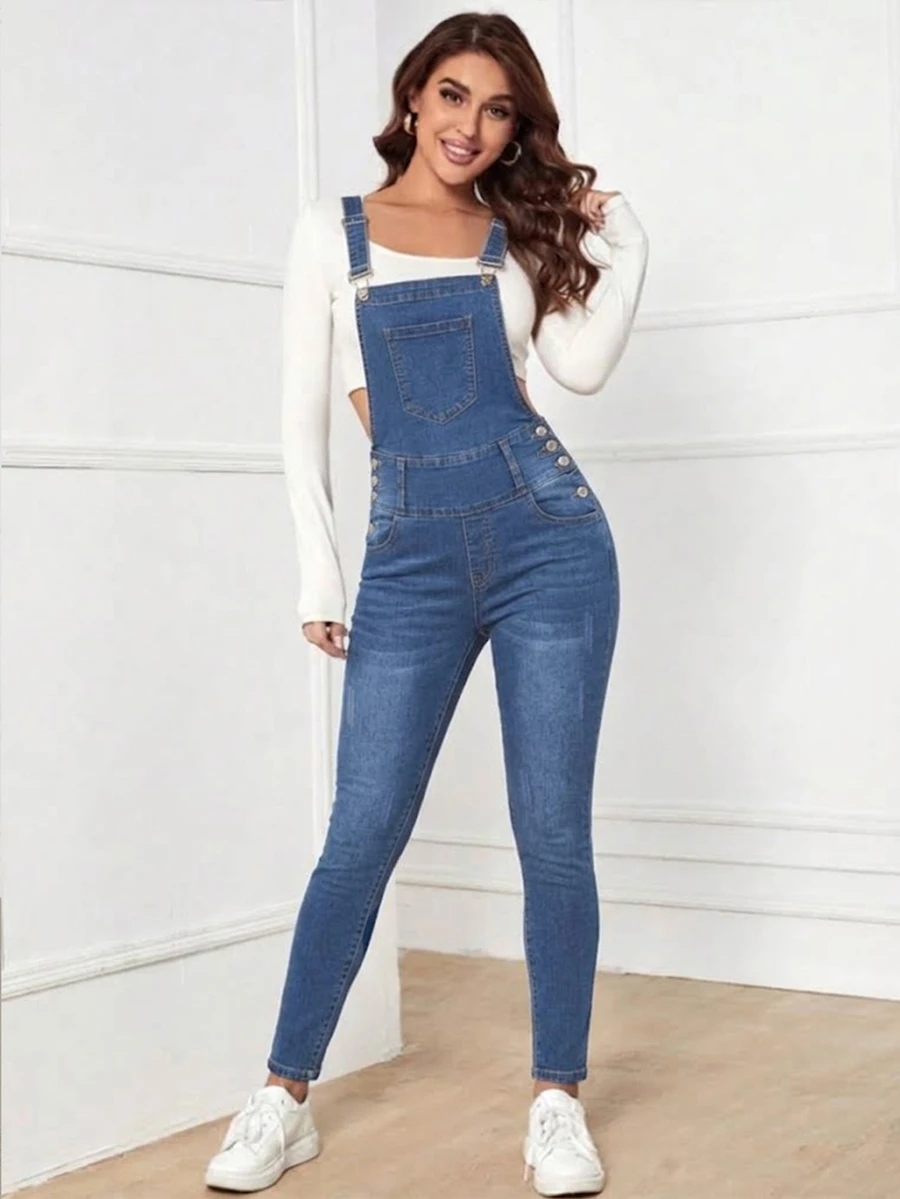 Flexra Women's Adjustable Strap Front Pocket Side Button Spring Autumn All-Season Versatile Washed Denim Casual Slimming Stretch Fitted Skinny Leg Denim Overalls - Medium Wash - View 1