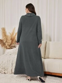 Lacomfia Plus Size Women's Loose Casual A-Line High Neck Long Sleeve Elastic Ribbed Long Dress, Autumn - Dark Grey - View 2