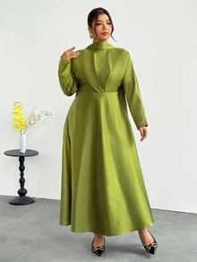 Firerie Plus Size Minimalist Satin Long Sleeve Fashion Dress - Olive Green - View 2